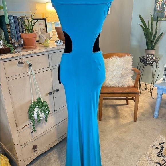 NWT Symphony Blue XS/S Dress Long BodyCon Side Cut Out Stretch Jersey Knit - Picture 4 of 11